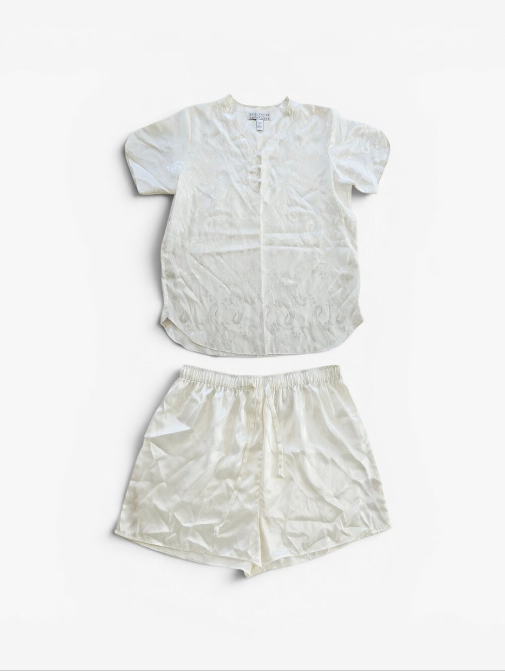 Vintage Erika Taylor Ivory Paisley Silky Satin 2 Piece Blouse Shorts Sleep Set L